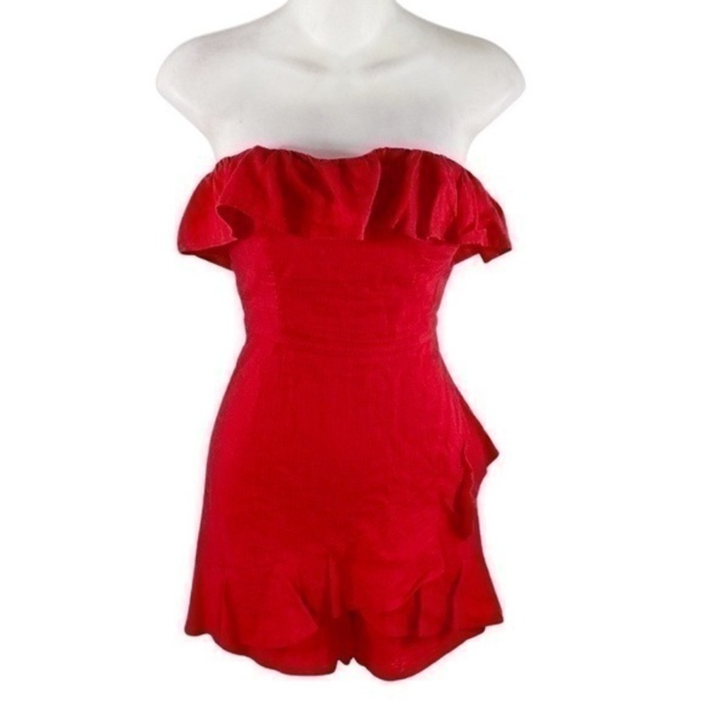 Oscar-St red ruffle strapless romper PP26